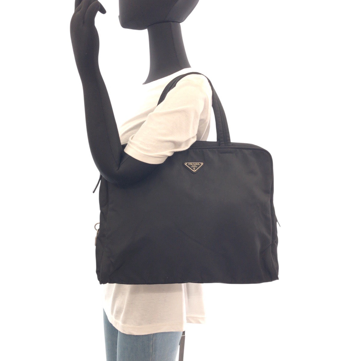 PRADA Tote Bag Nylon Black SilverMetal Tote Bag handbag Test Triangle With logo Women Used Authentic