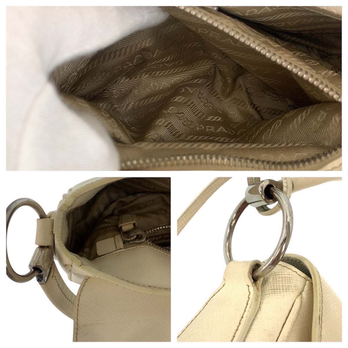 PRADA Shoulder Bag leather White SilverMetal Shoulder Bag handbag Safiano Women Used Authentic