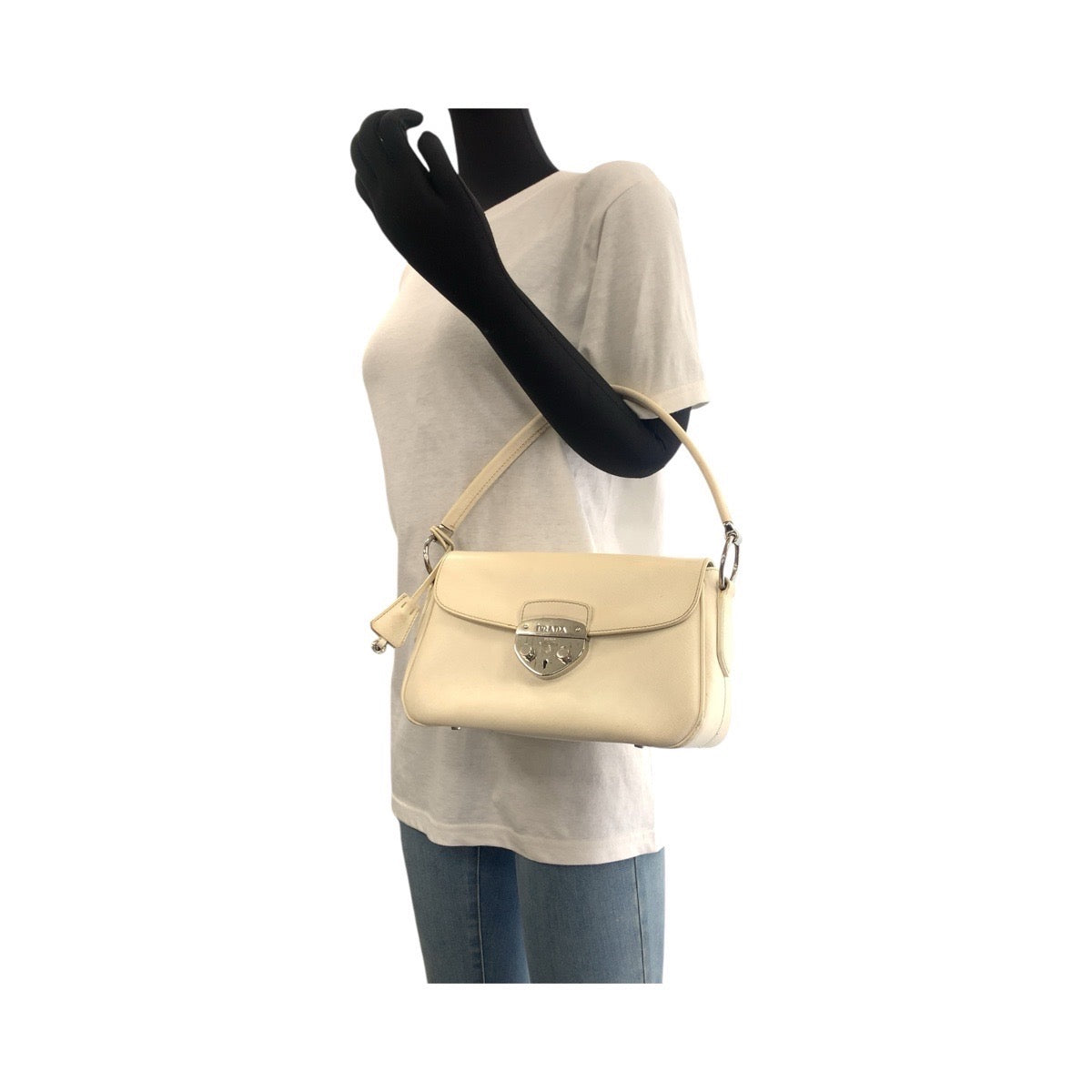 PRADA Shoulder Bag leather White SilverMetal Shoulder Bag handbag Safiano Women Used Authentic