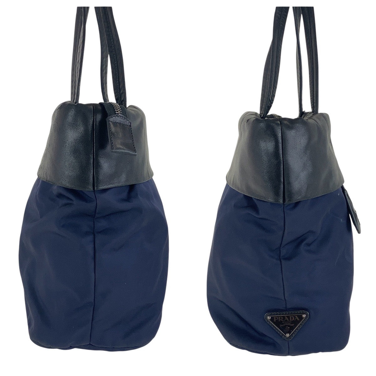 PRADA Tote Bag Nylon Navy Black SilverMetal Tote Bag Shoulder Bag Test Triangle With logo Women Used Authentic