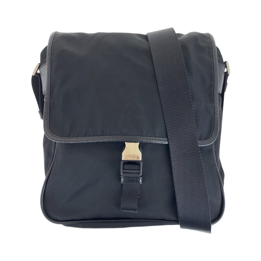 PRADA Shoulder Bag Nylon, Leather Black SilverMetal Shoulder Bag pochette Testo Saffiano Triangle With logo mens Used Authentic