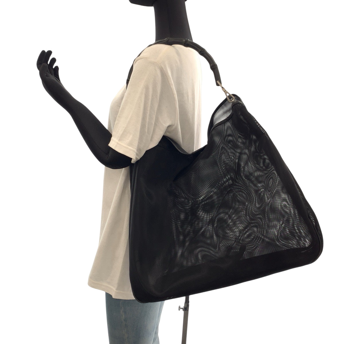 GUCCI Tote Bag 001 3303 Nylon Black SilverMetal Bamboo mesh