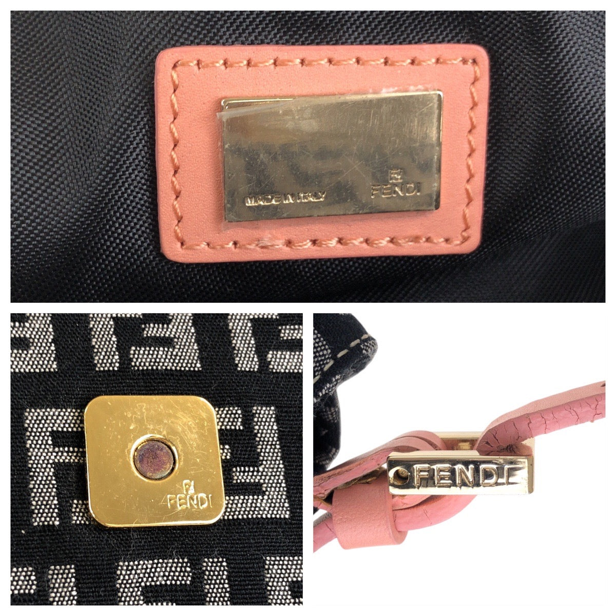 FENDI Shoulder Bag Canvas, Leather Black Pink Gold Metal Shoulder Bag Zucchino Women Used Authentic