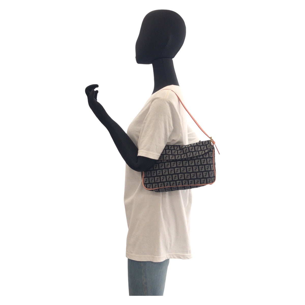 FENDI Shoulder Bag Canvas, Leather Black Pink Gold Metal Shoulder Bag Zucchino Women Used Authentic