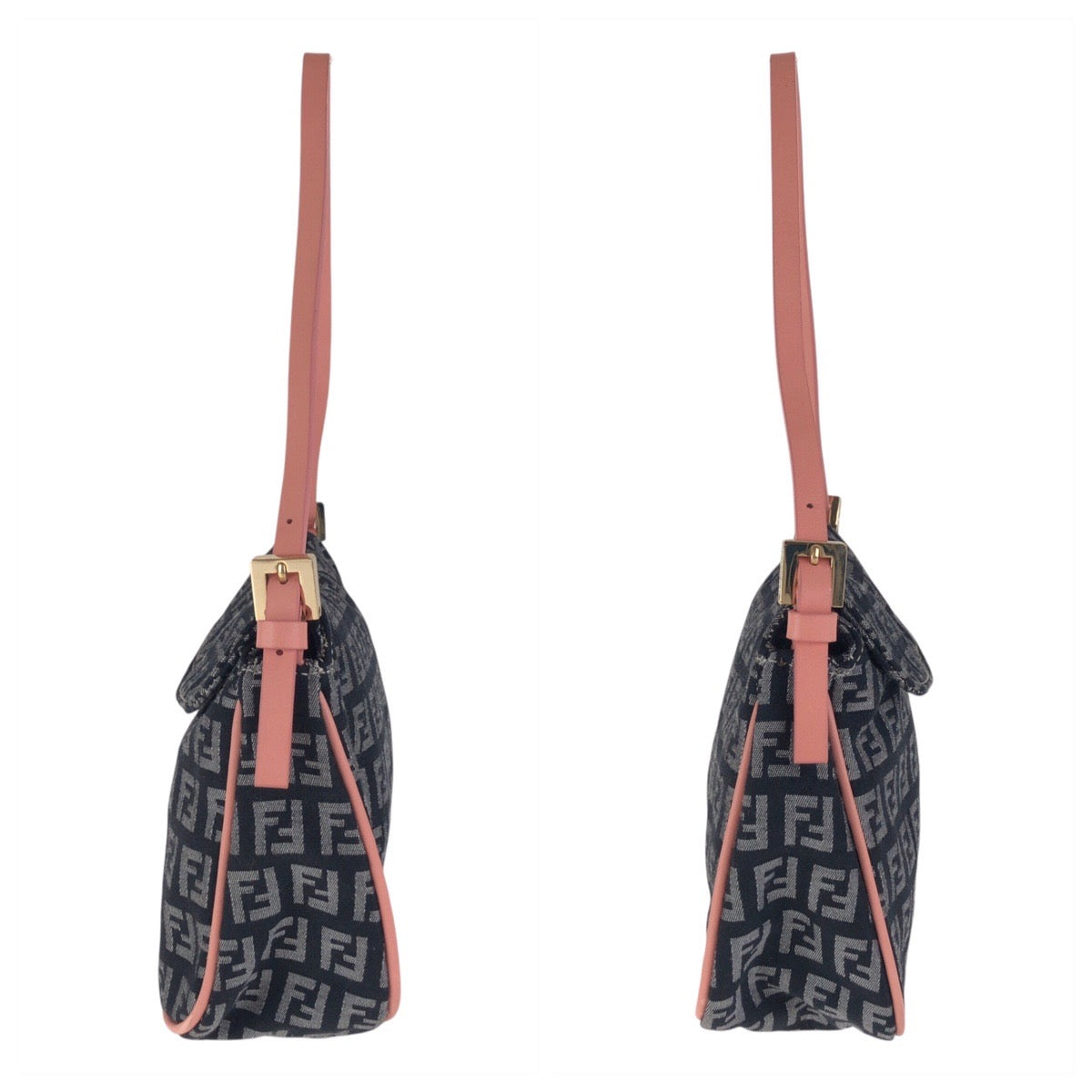 FENDI Shoulder Bag Canvas, Leather Black Pink Gold Metal Shoulder Bag Zucchino Women Used Authentic