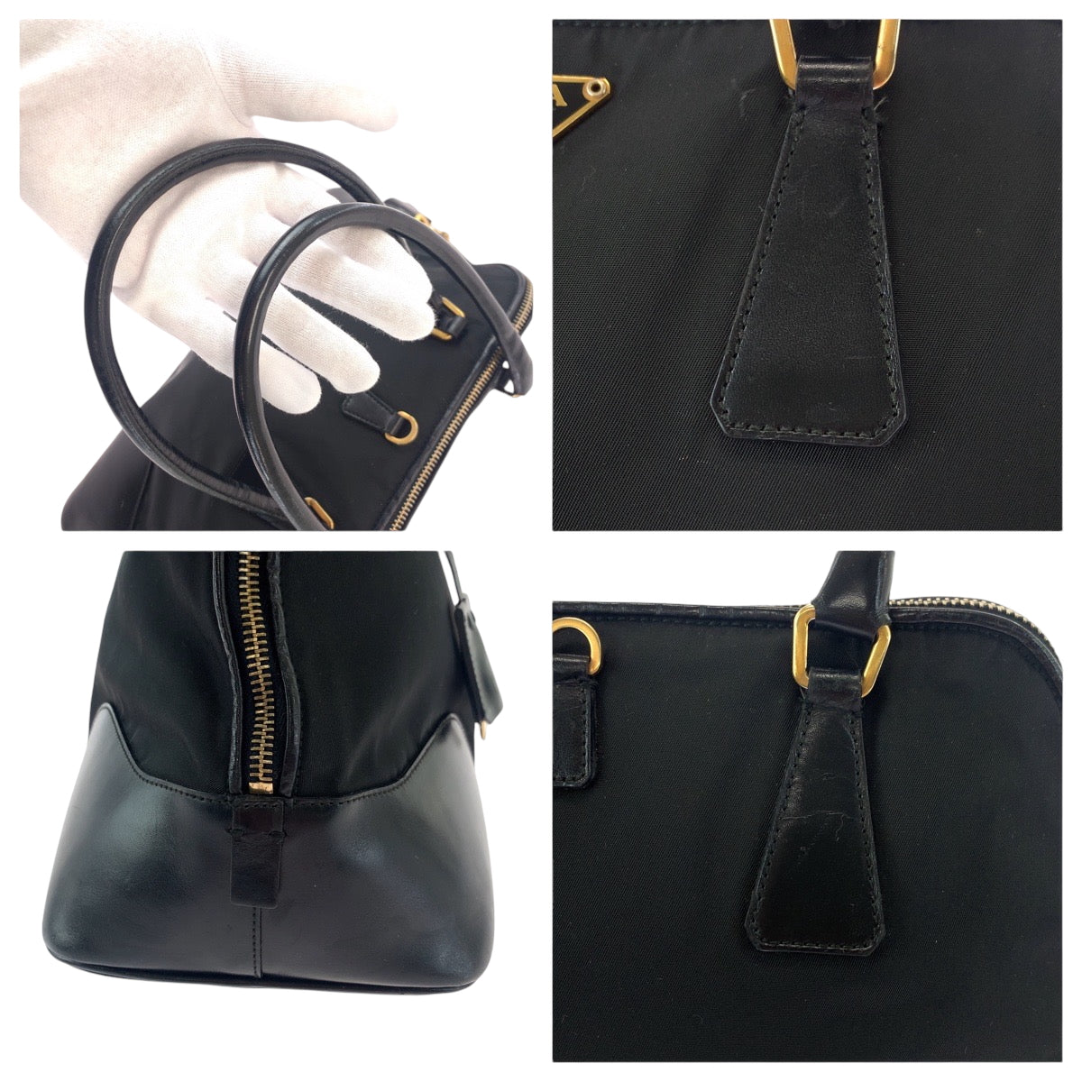 PRADA Handbag Nylon Black GoldMetal Handbag Tote Bag Shoulder Bag Test Triangle With logo Women Used Authentic