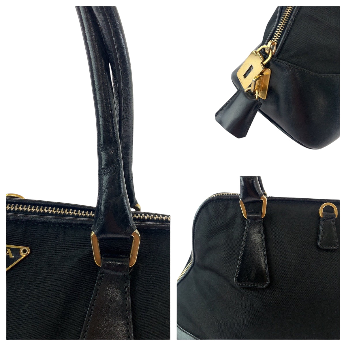 PRADA Handbag Nylon Black GoldMetal Handbag Tote Bag Shoulder Bag Test Triangle With logo Women Used Authentic