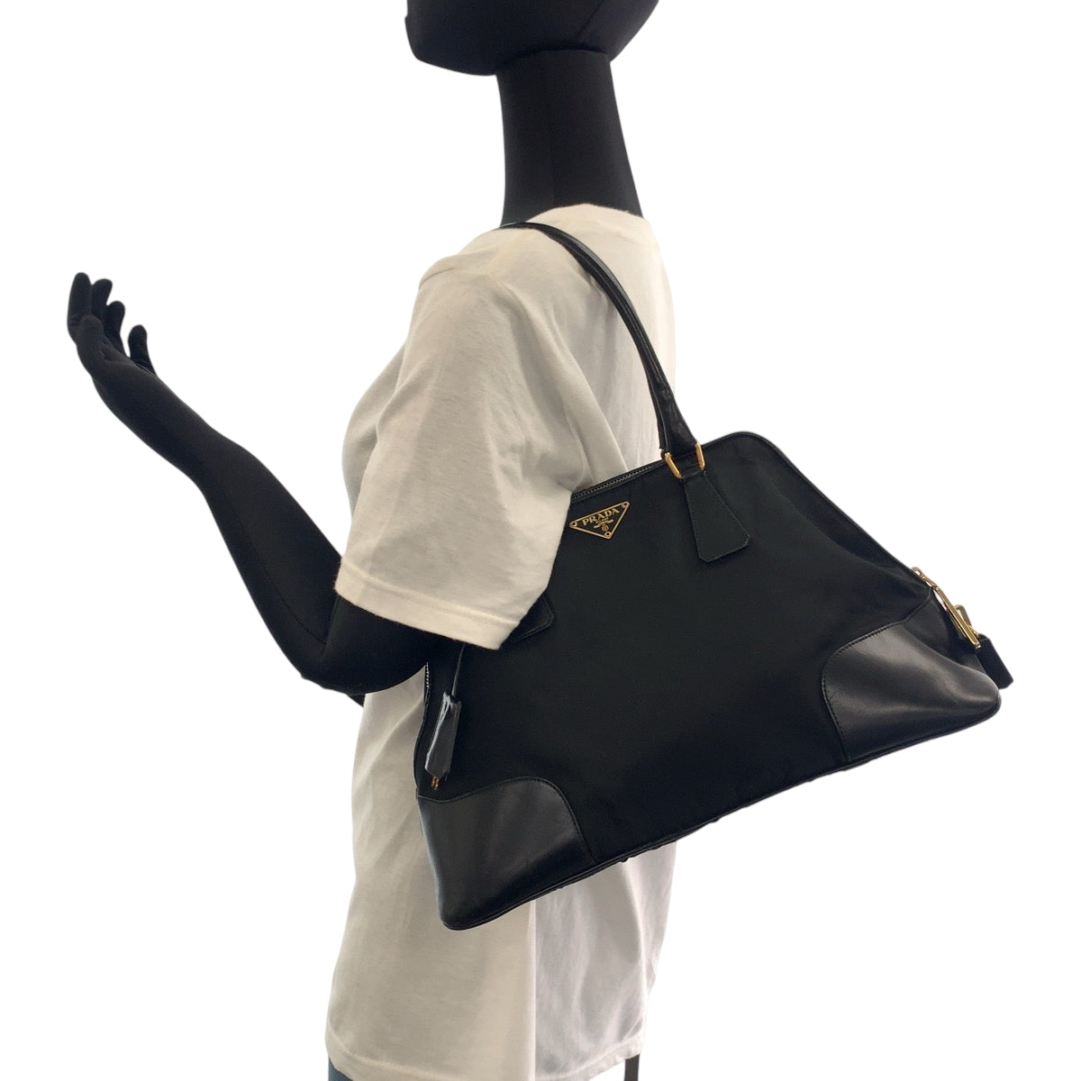PRADA Handbag Nylon Black GoldMetal Handbag Tote Bag Shoulder Bag Test Triangle With logo Women Used Authentic