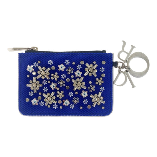 Dior Coin case Canvas, Leather, Beads Blue Black SilverMetal Coin case Card Case Women Used Authentic