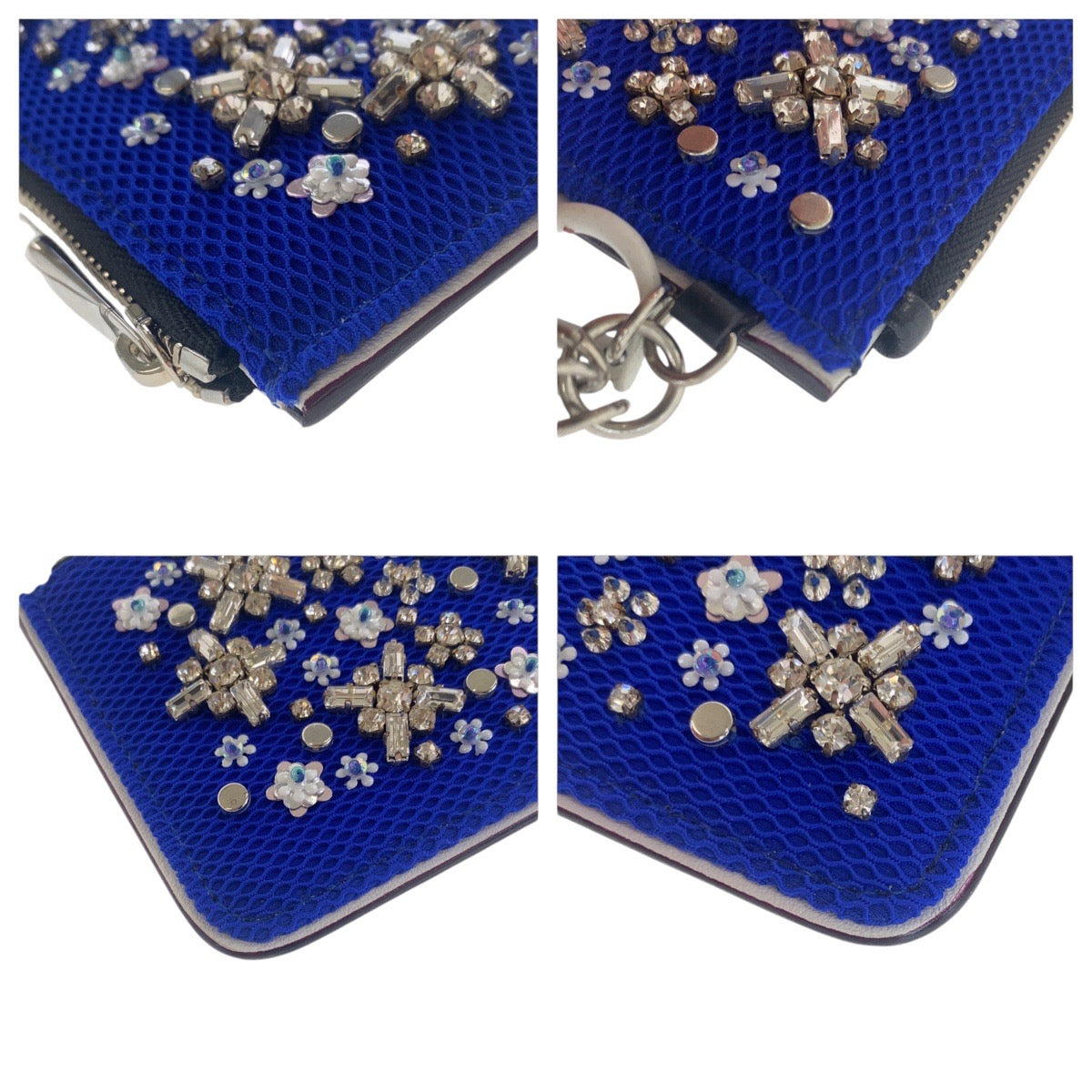 Dior Coin case Canvas, Leather, Beads Blue Black SilverMetal Coin case Card Case Women Used Authentic