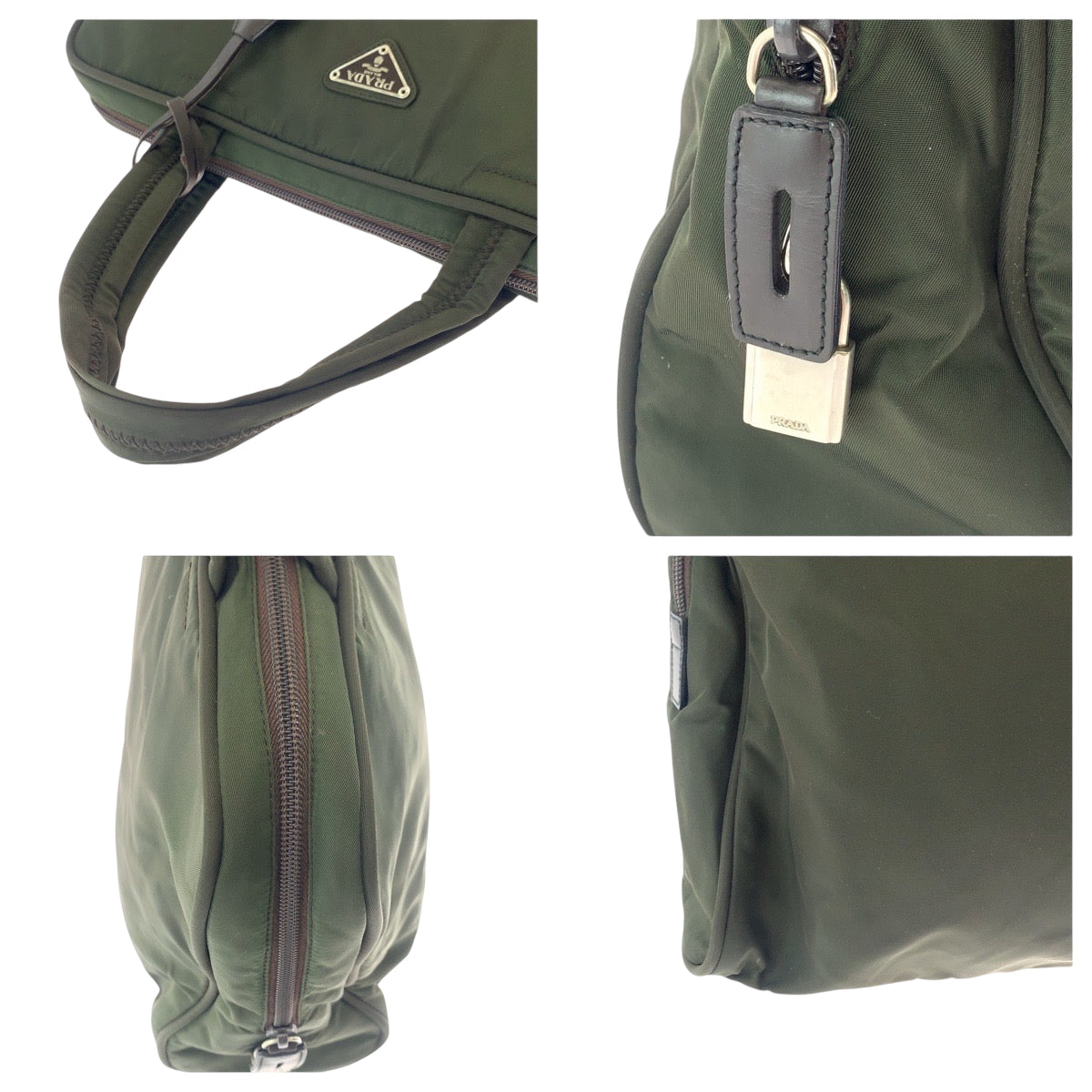 PRADA Tote Bag Nylon Khaki SilverMetal Tote Bag handbag Test Triangle With logo Women Used Authentic