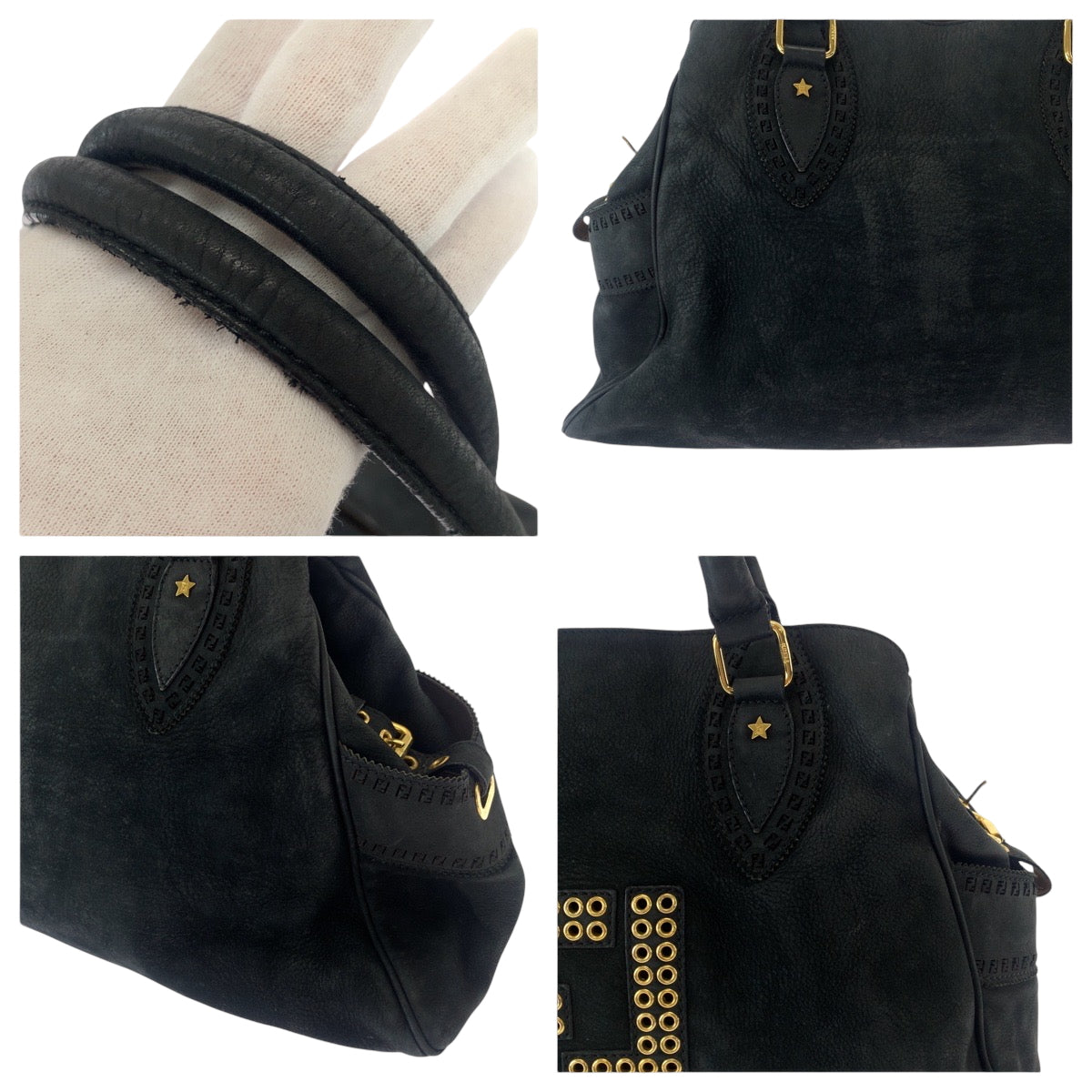 FENDI Tote Bag 2372 8BN162 Nubuck Black GoldMetal Tote Bag Shoulder Bag Etnico Punching studs Women Used Authentic