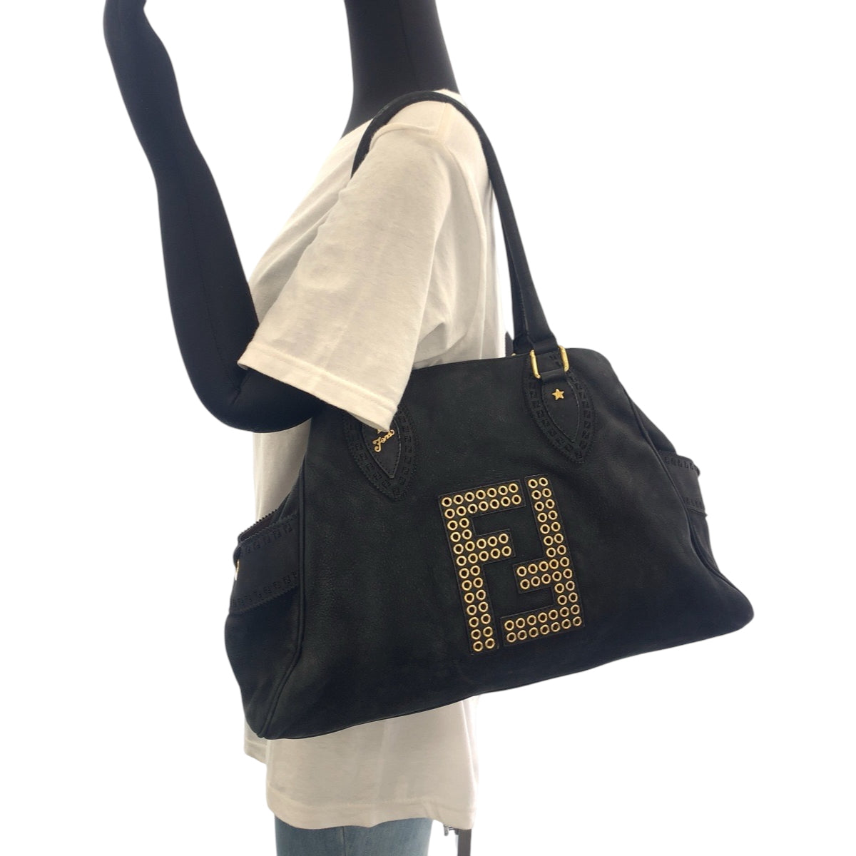 FENDI Tote Bag 2372 8BN162 Nubuck Black GoldMetal Tote Bag Shoulder Bag Etnico Punching studs Women Used Authentic