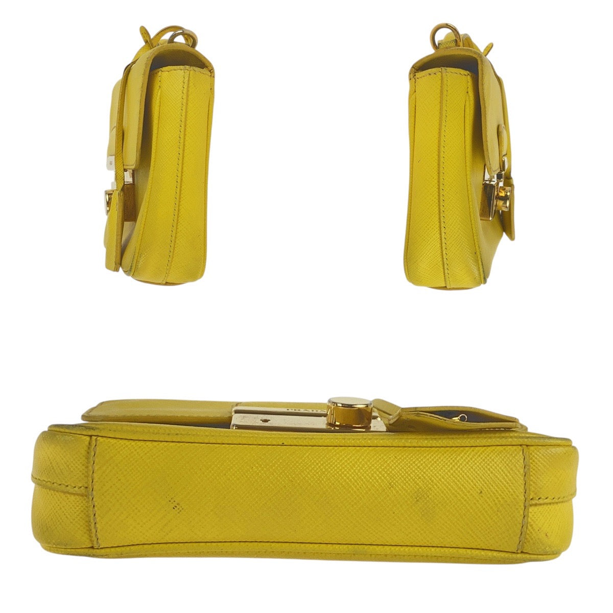 PRADA Shoulder Bag leather Yellow Gold Metal Shoulder Bag Handbag 2WAY Safiano Women Used Authentic