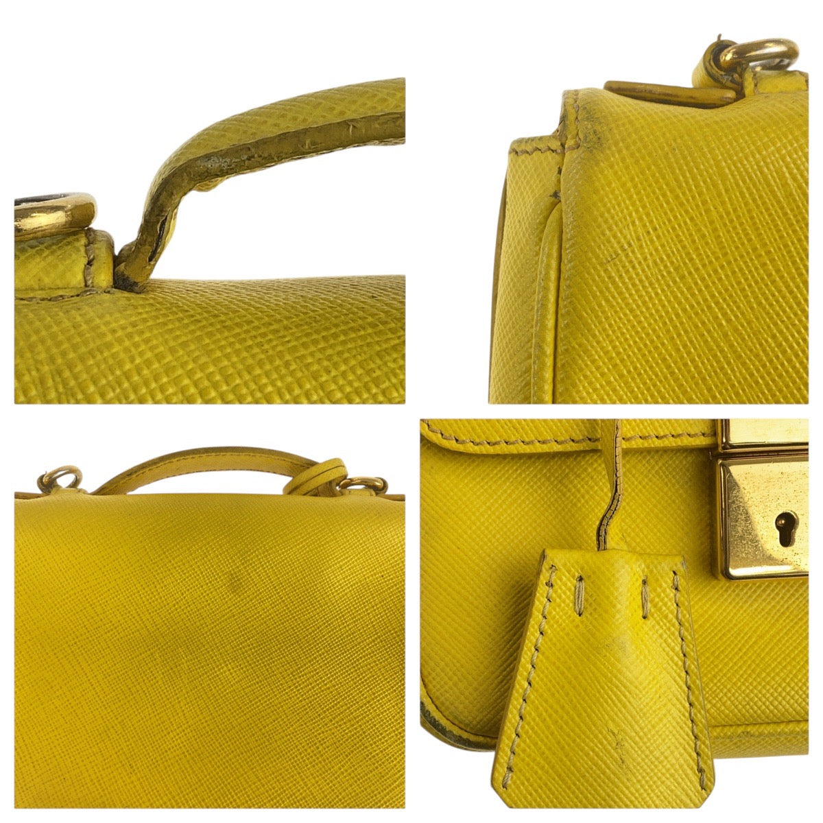 PRADA Shoulder Bag leather Yellow Gold Metal Shoulder Bag Handbag 2WAY Safiano Women Used Authentic
