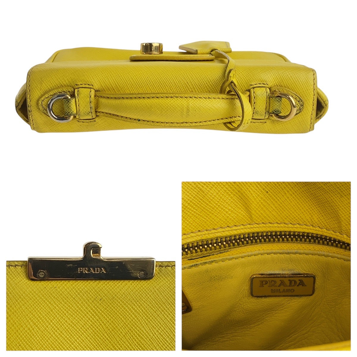 PRADA Shoulder Bag leather Yellow Gold Metal Shoulder Bag Handbag 2WAY Safiano Women Used Authentic