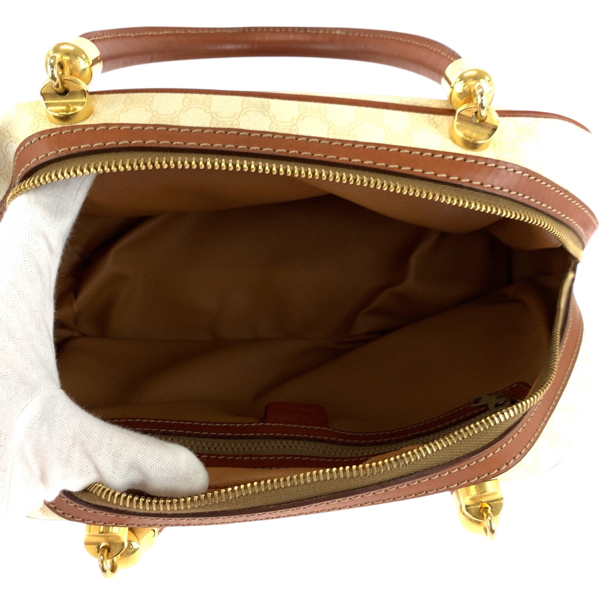 CELINE Handbag PVC White Brown Gold Metal Handbags Mini Boston Duffel bag Macadam Women Used Authentic