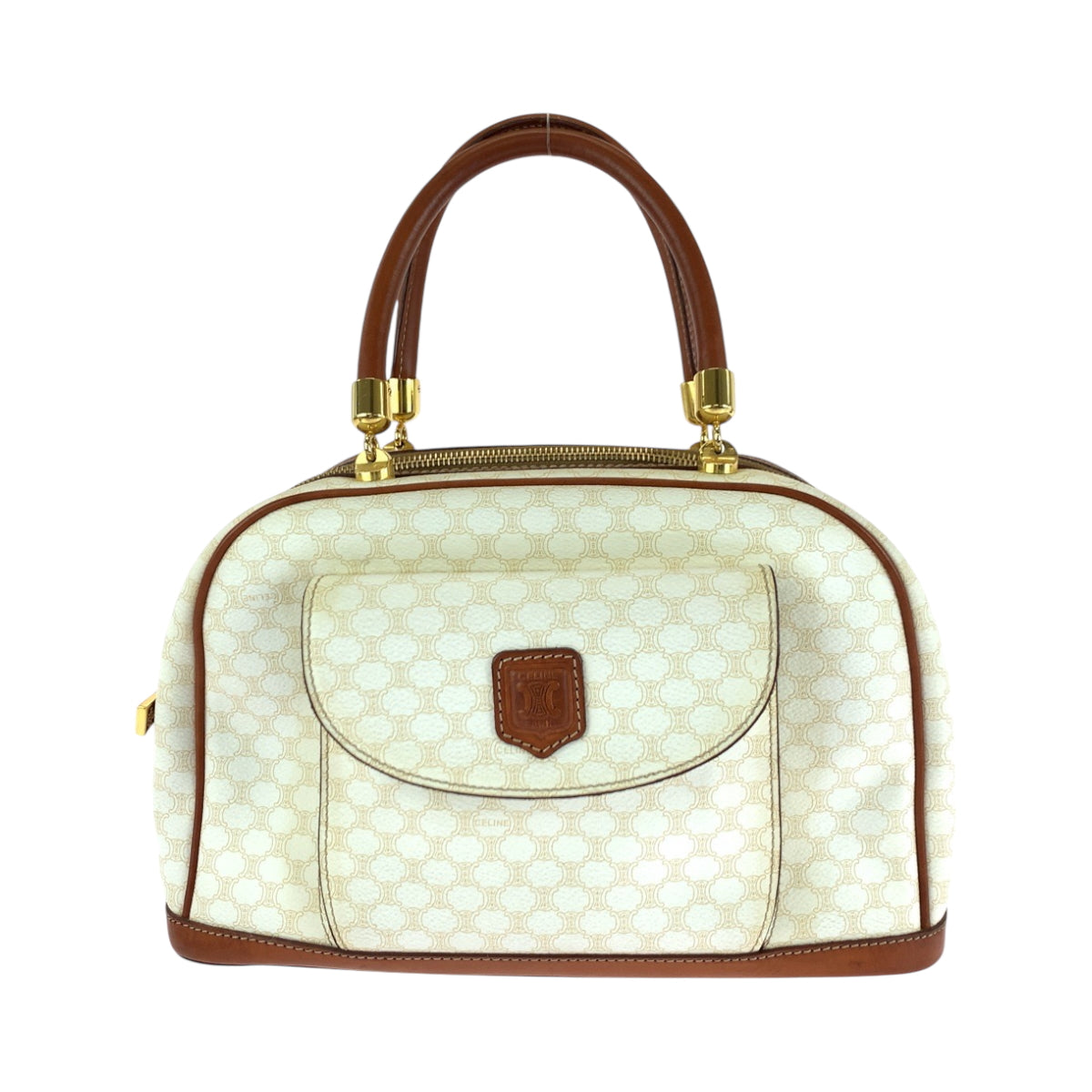 CELINE Handbag PVC White Brown Gold Metal Handbags Mini Boston Duffel bag Macadam Women Used Authentic