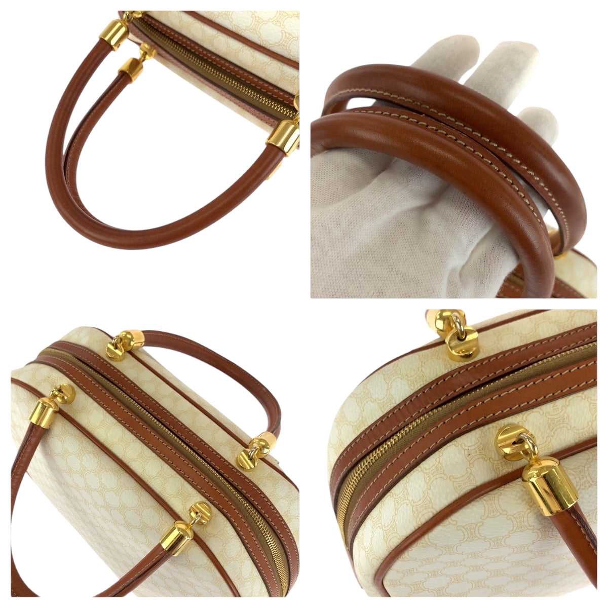 CELINE Handbag PVC White Brown Gold Metal Handbags Mini Boston Duffel bag Macadam Women Used Authentic
