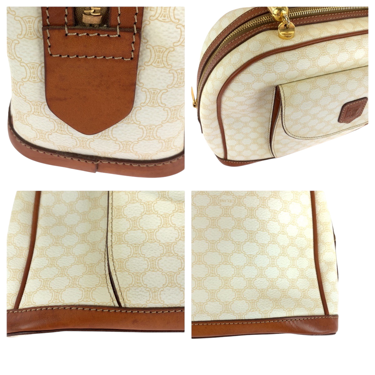 CELINE Handbag PVC White Brown Gold Metal Handbags Mini Boston Duffel bag Macadam Women Used Authentic