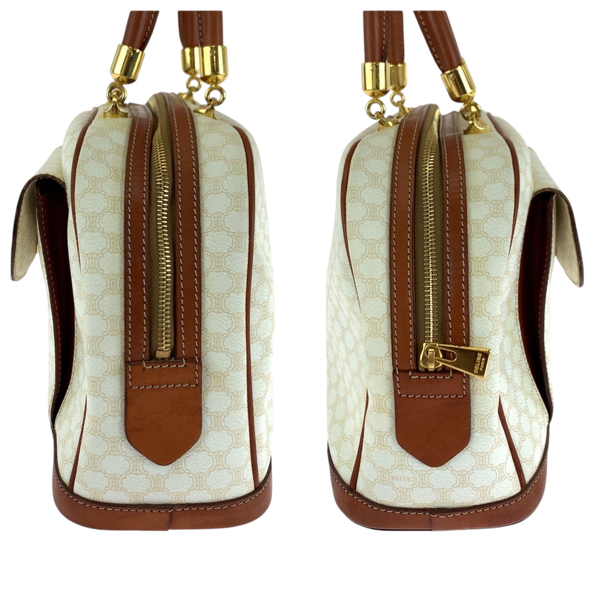 CELINE Handbag PVC White Brown Gold Metal Handbags Mini Boston Duffel bag Macadam Women Used Authentic