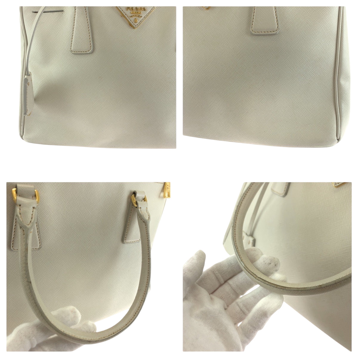 PRADA Tote Bag BN2863 leather White GoldMetal Tote Bag Shoulder Bag Handbag 2way Saffiano Galleria Triangle With logo Women Used Authentic