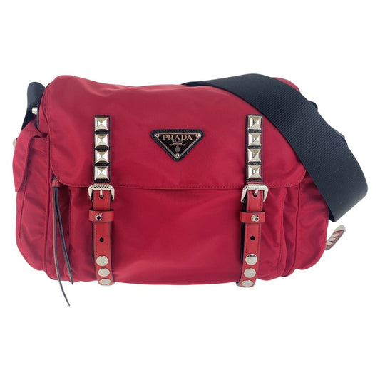 PRADA Shoulder Bag Nylon Red Black SilverMetal Crossbody Shoulder Bag with studs Test Triangle With logo mens Used Authentic