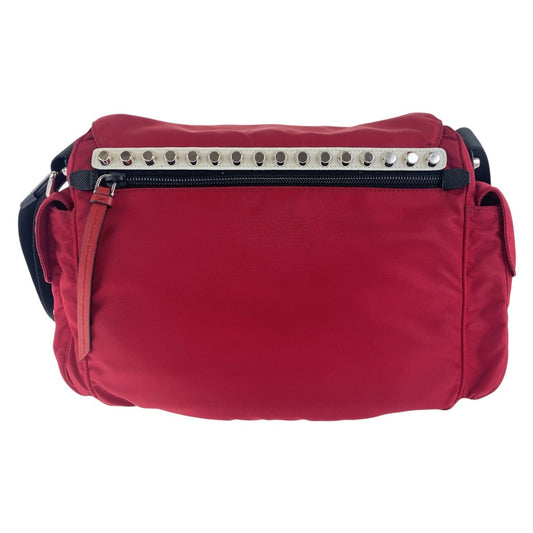 PRADA Shoulder Bag Nylon Red Black SilverMetal Crossbody Shoulder Bag with studs Test Triangle With logo mens Used Authentic