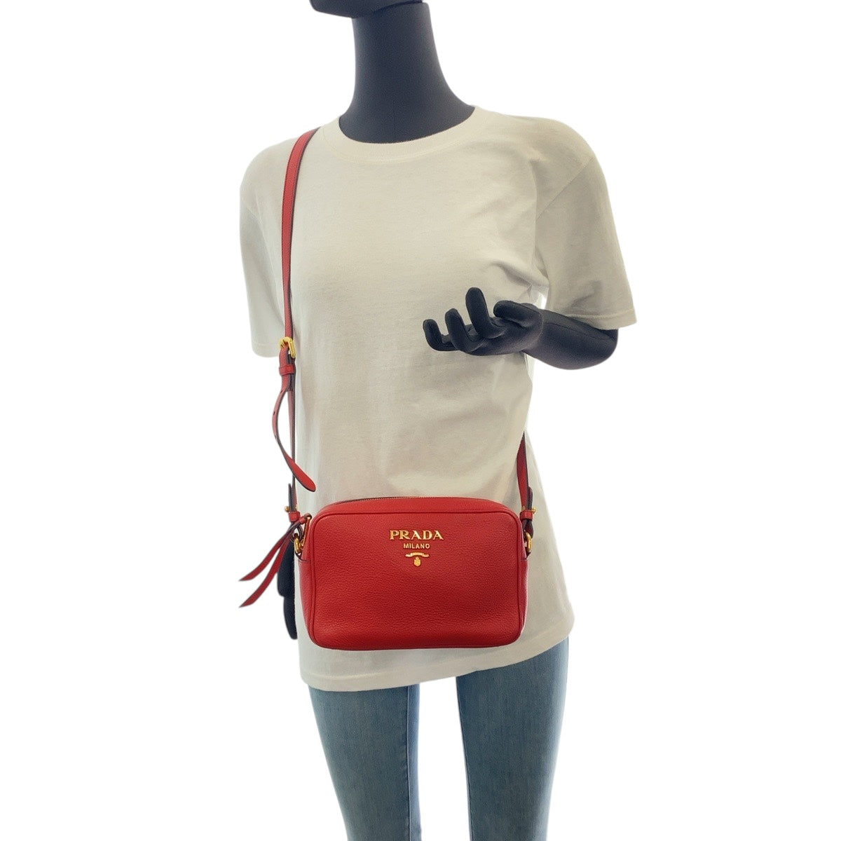 PRADA Shoulder Bag leather Red Gold Metal