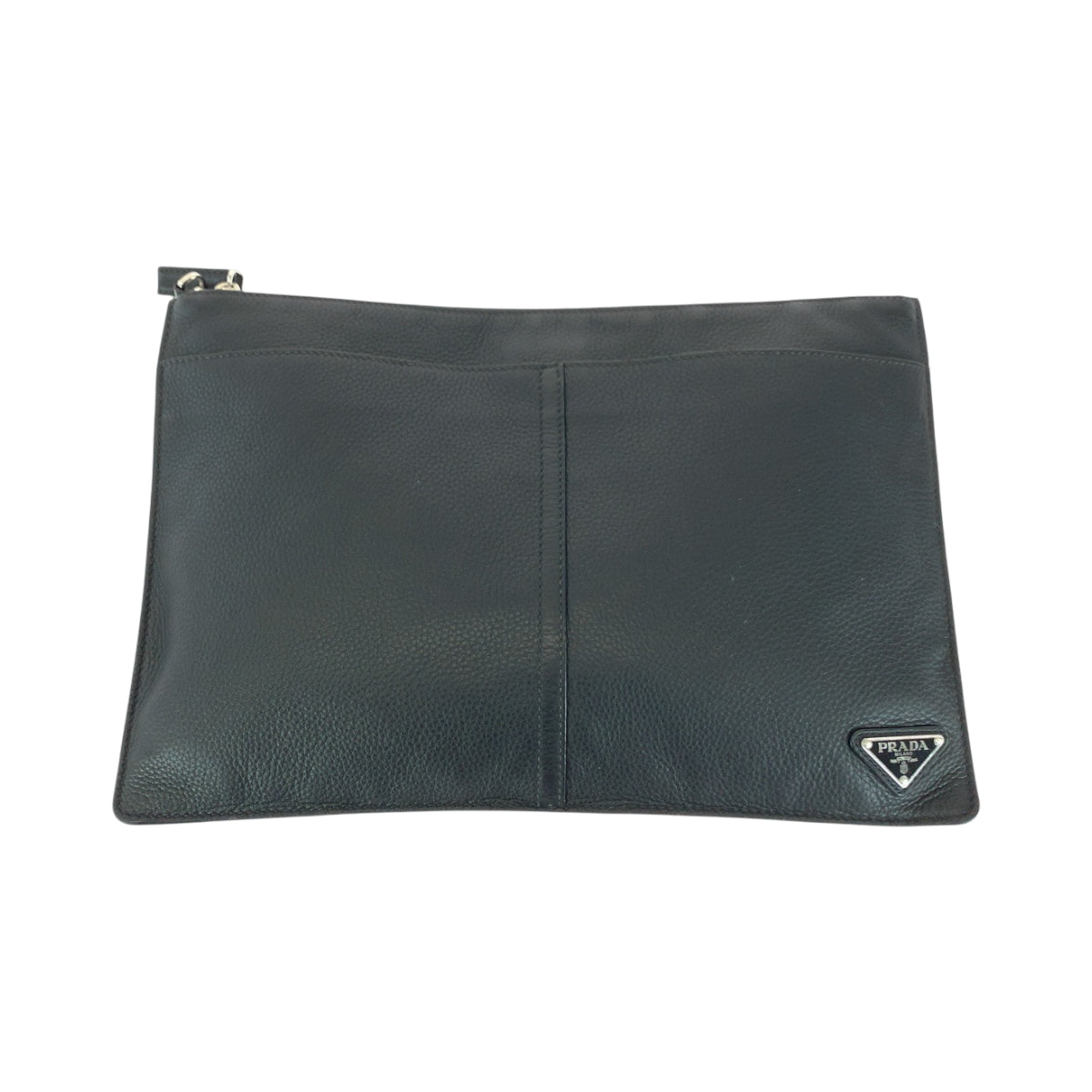 PRADA Clutch bag leather Black SilverMetal Clutch bag business bag Vitello City Triangle With logo mens Used Authentic