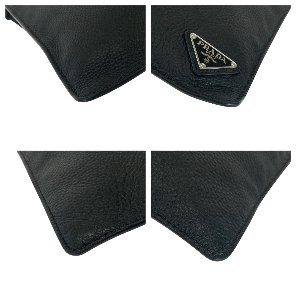PRADA Clutch bag leather Black SilverMetal Clutch bag business bag Vitello City Triangle With logo mens Used Authentic
