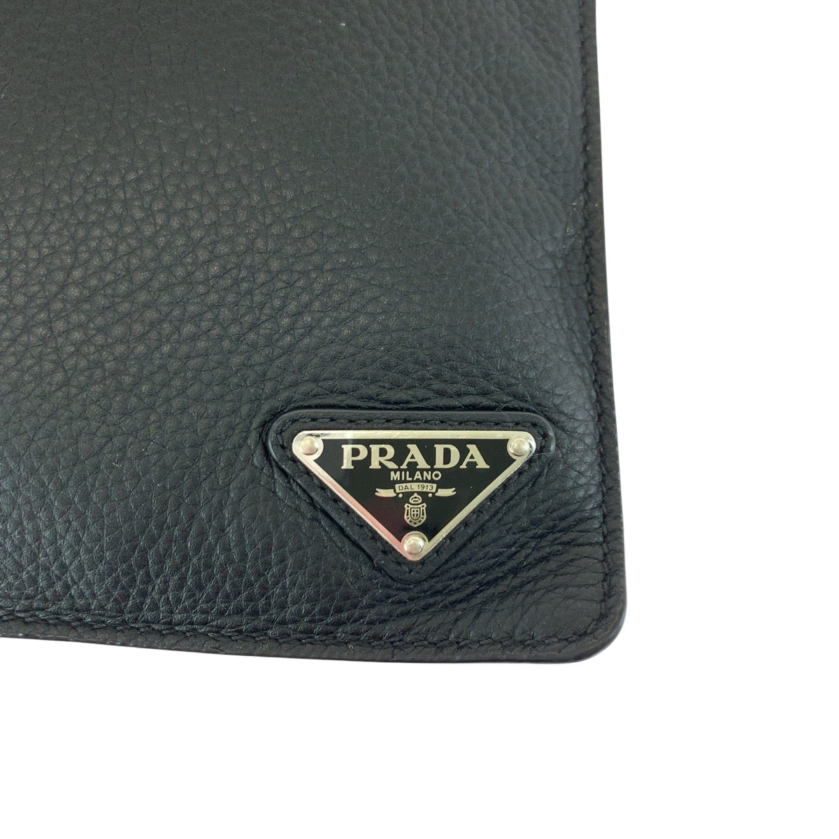 PRADA Clutch bag leather Black SilverMetal Clutch bag business bag Vitello City Triangle With logo mens Used Authentic