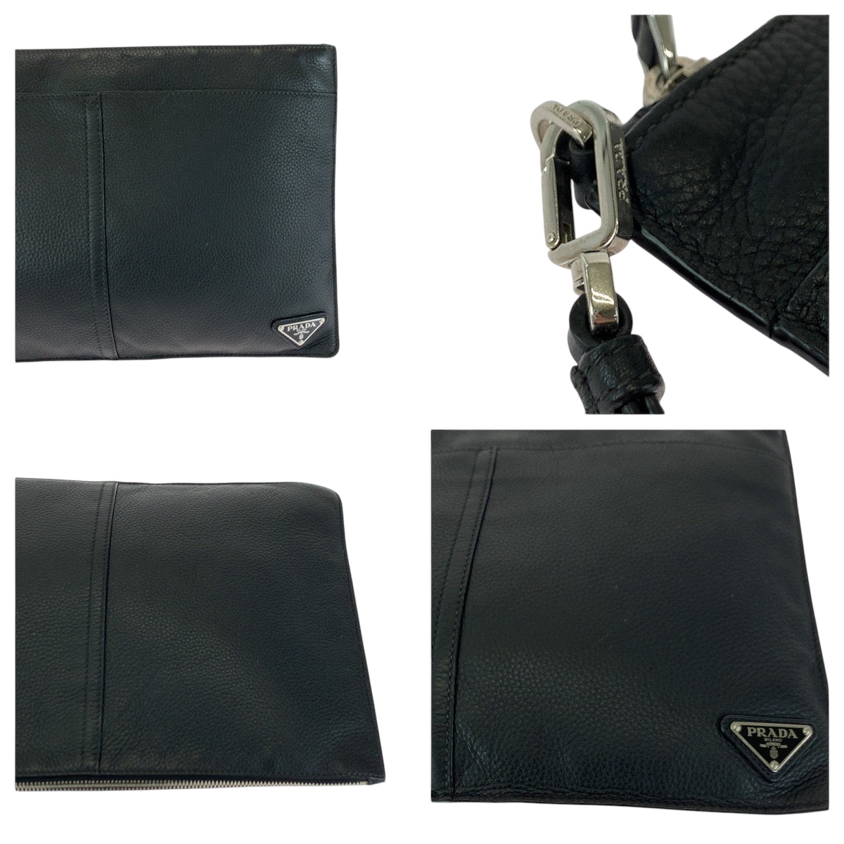 PRADA Clutch bag leather Black SilverMetal Clutch bag business bag Vitello City Triangle With logo mens Used Authentic