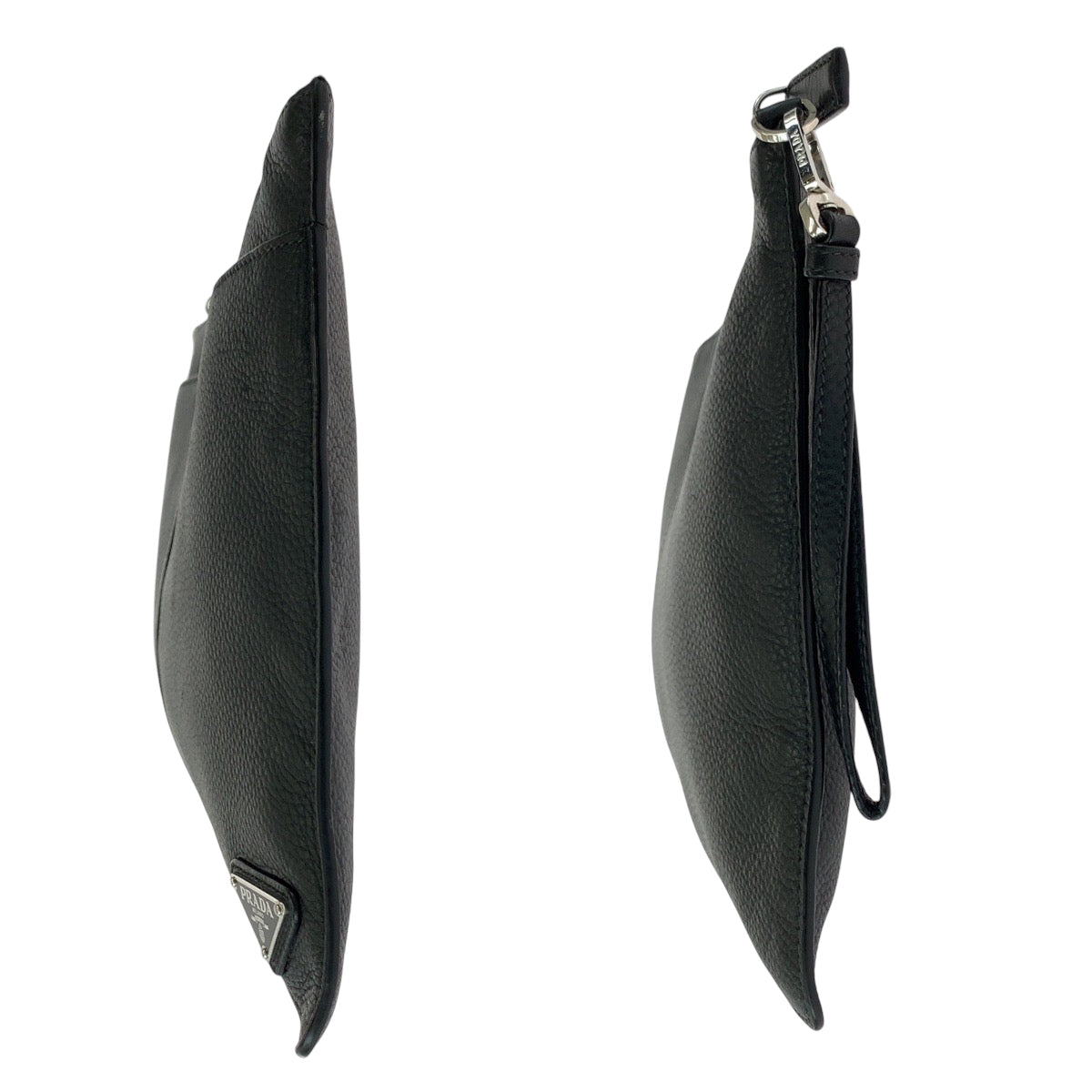 PRADA Clutch bag leather Black SilverMetal Clutch bag business bag Vitello City Triangle With logo mens Used Authentic