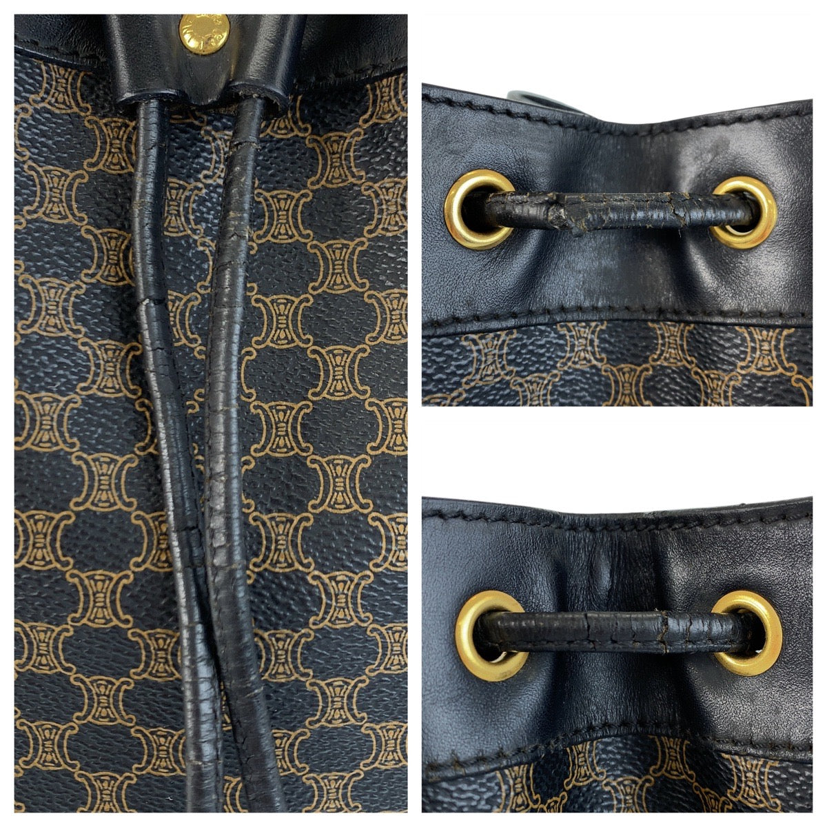 CELINE Shoulder Bag MC96 PVC, Leather Brown Black Gold Metal Drawstring Shoulder Bag Macadam Women Used Authentic