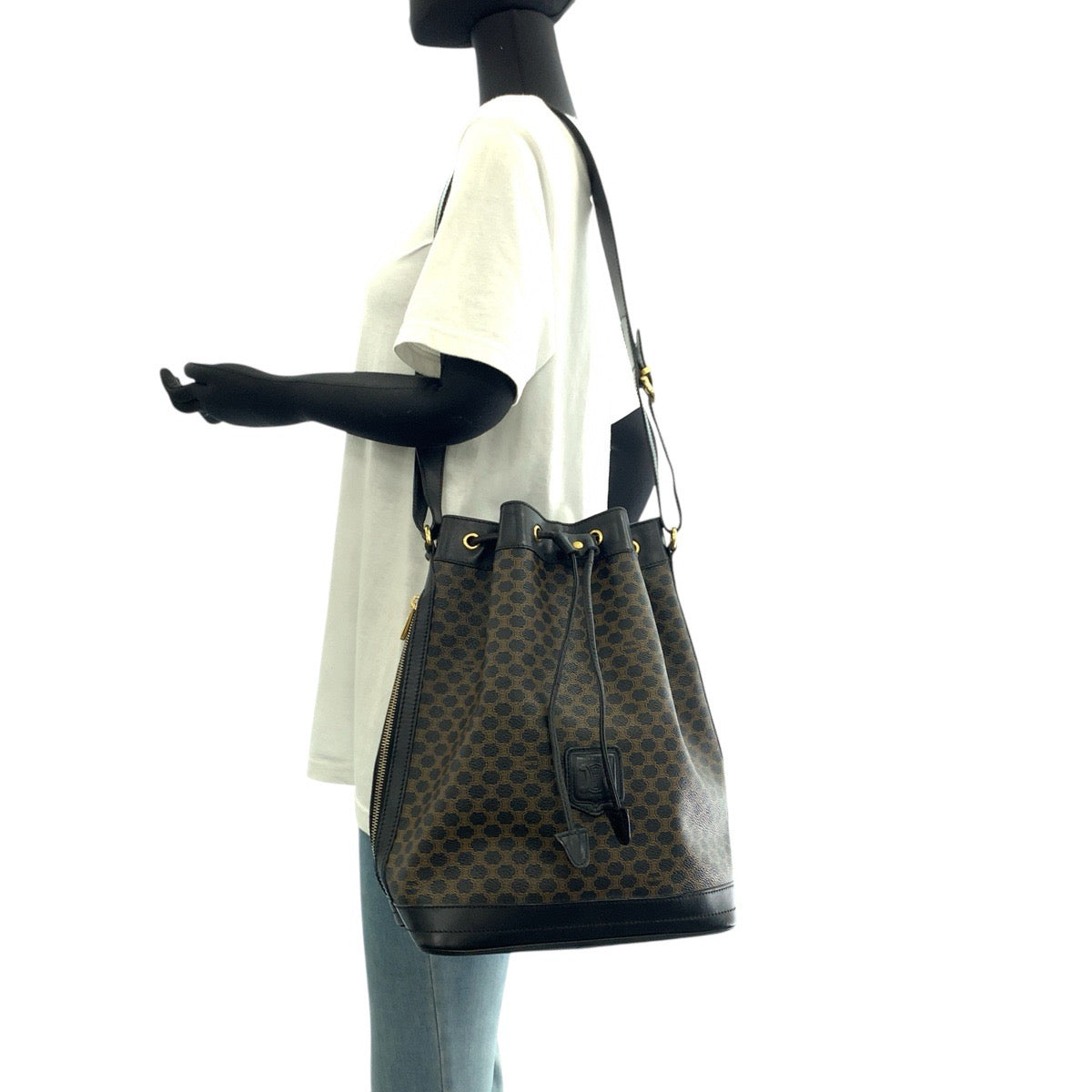 CELINE Shoulder Bag MC96 PVC, Leather Brown Black Gold Metal Drawstring Shoulder Bag Macadam Women Used Authentic