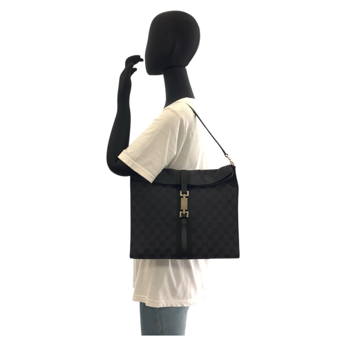 GUCCI Shoulder Bag 001 3355 GG canvas, leather Black SilverMetal Shoulder Bag handbag Jackie Women Used Authentic