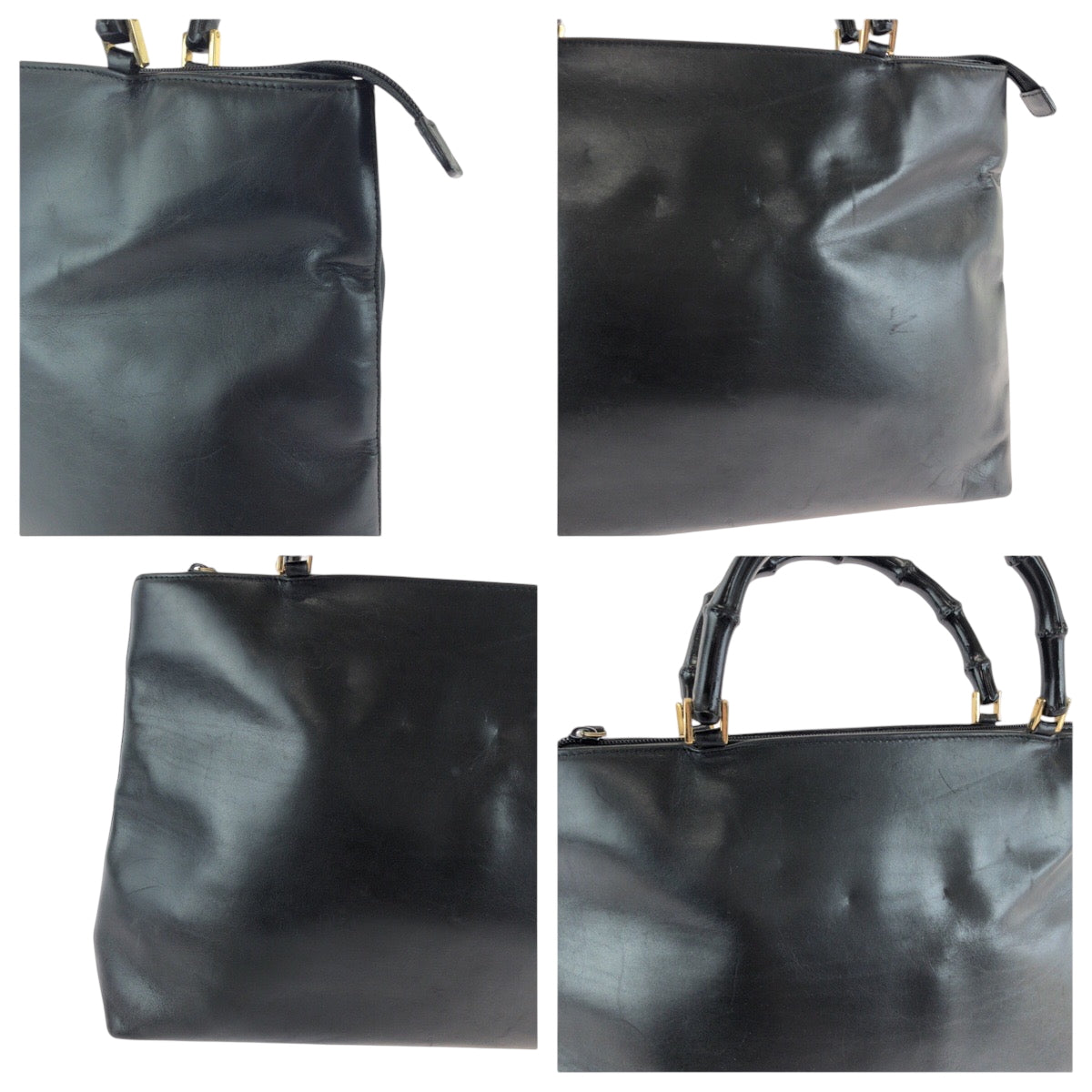 GUCCI Tote Bag 002 2122 0507 leather Black GoldMetal Tote Bag Shoulder Bag Bamboo Women Used Authentic