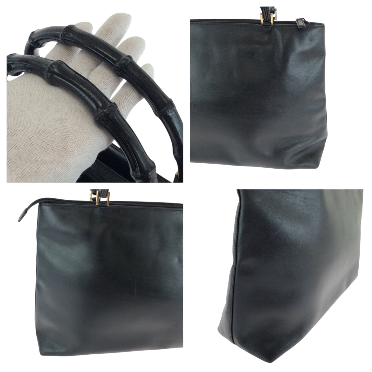 GUCCI Tote Bag 002 2122 0507 leather Black GoldMetal Tote Bag Shoulder Bag Bamboo Women Used Authentic