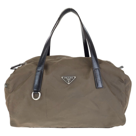PRADA Handbag Nylon, Leather Grey SilverMetal Handbags Mini Boston Duffel bag Test Triangle With logo Women(Unisex) Used Authentic