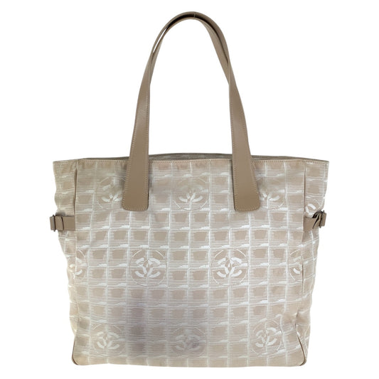 CHANEL Tote Bag Canvas, Leather Beige SilverMetal Tote Bag Shoulder Bag New travel line Women Used Authentic