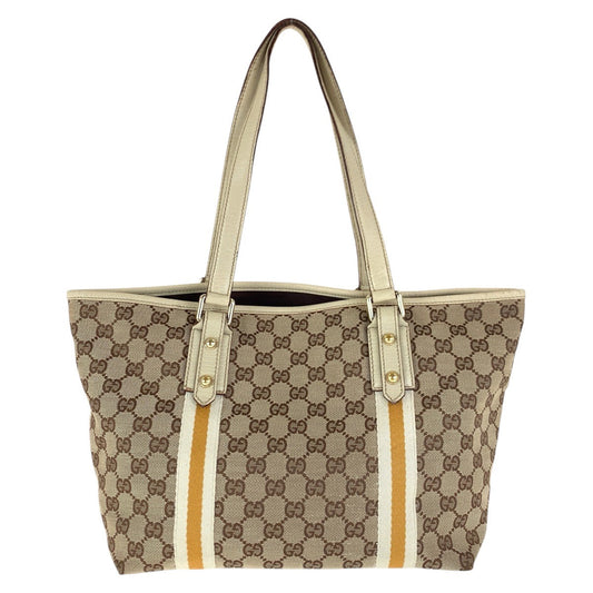 GUCCI Tote Bag 137396 GG canvas, leather Brown White Gold Metal Tote Bag Shoulder Bag Sherry line Women Used Authentic
