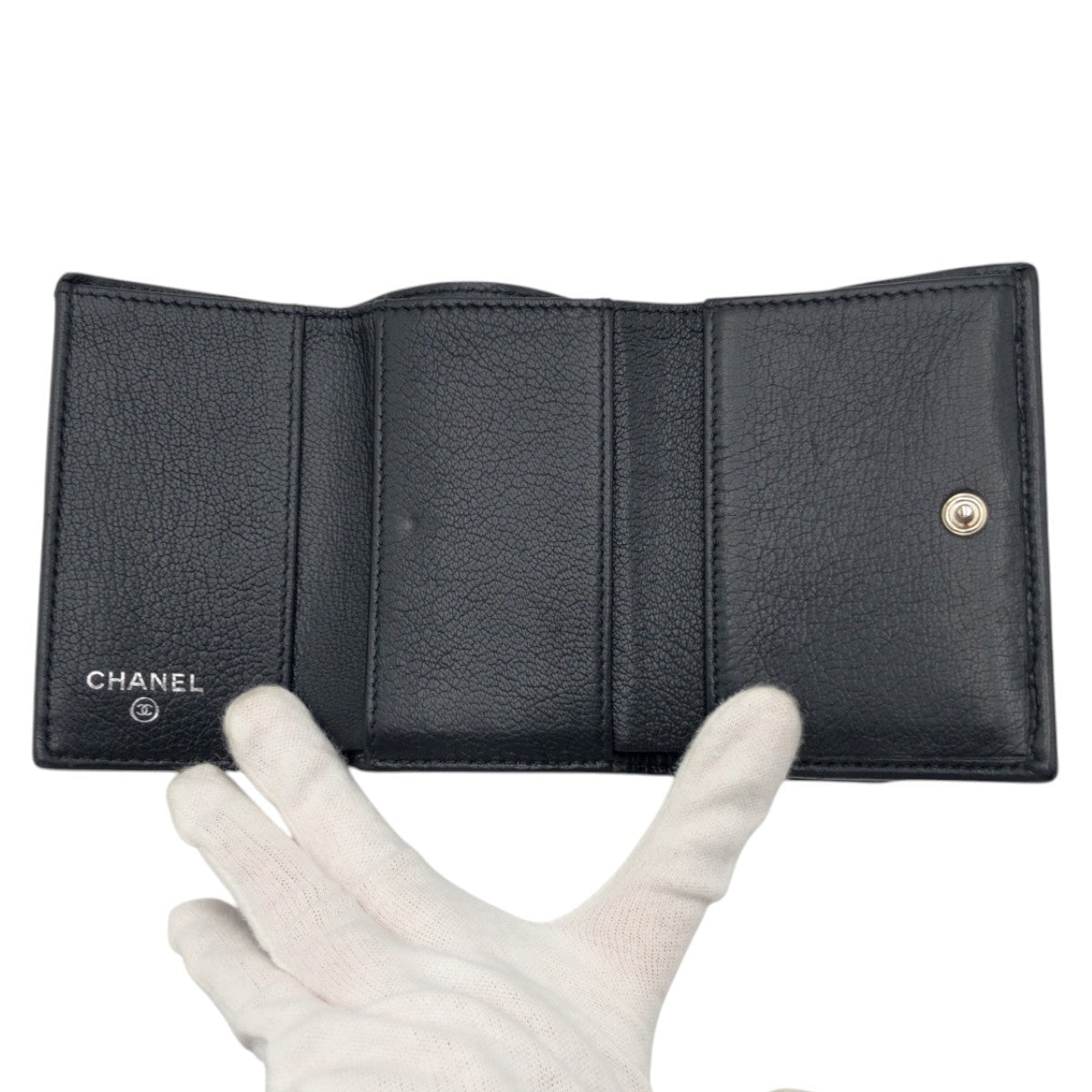 CHANEL Tri-fold wallet leather black black silver Tri-fold wallet Compact wallet COCO Mark Women Used Authentic