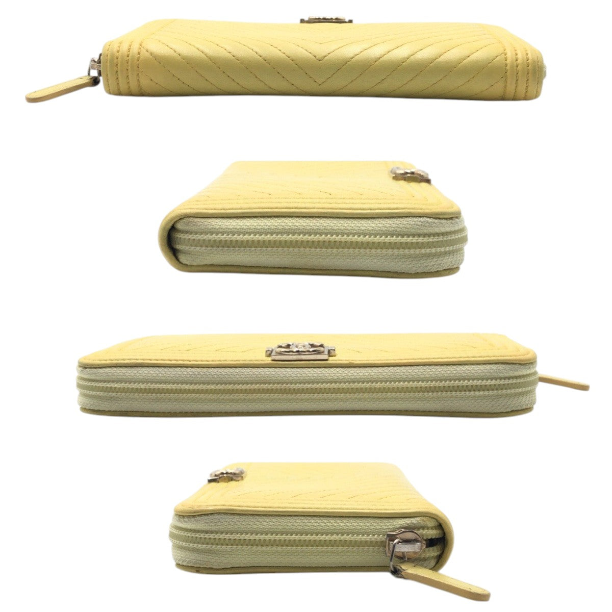 CHANEL Long Wallet Purse leather Yellow Gold Metal Vstitch COCO Mark