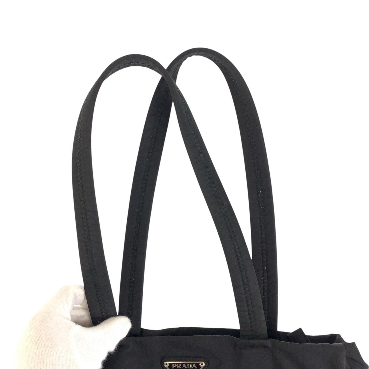 PRADA Tote Bag Nylon Black SilverMetal Tote Bag Shoulder Bag Test Triangle With logo Women Used Authentic