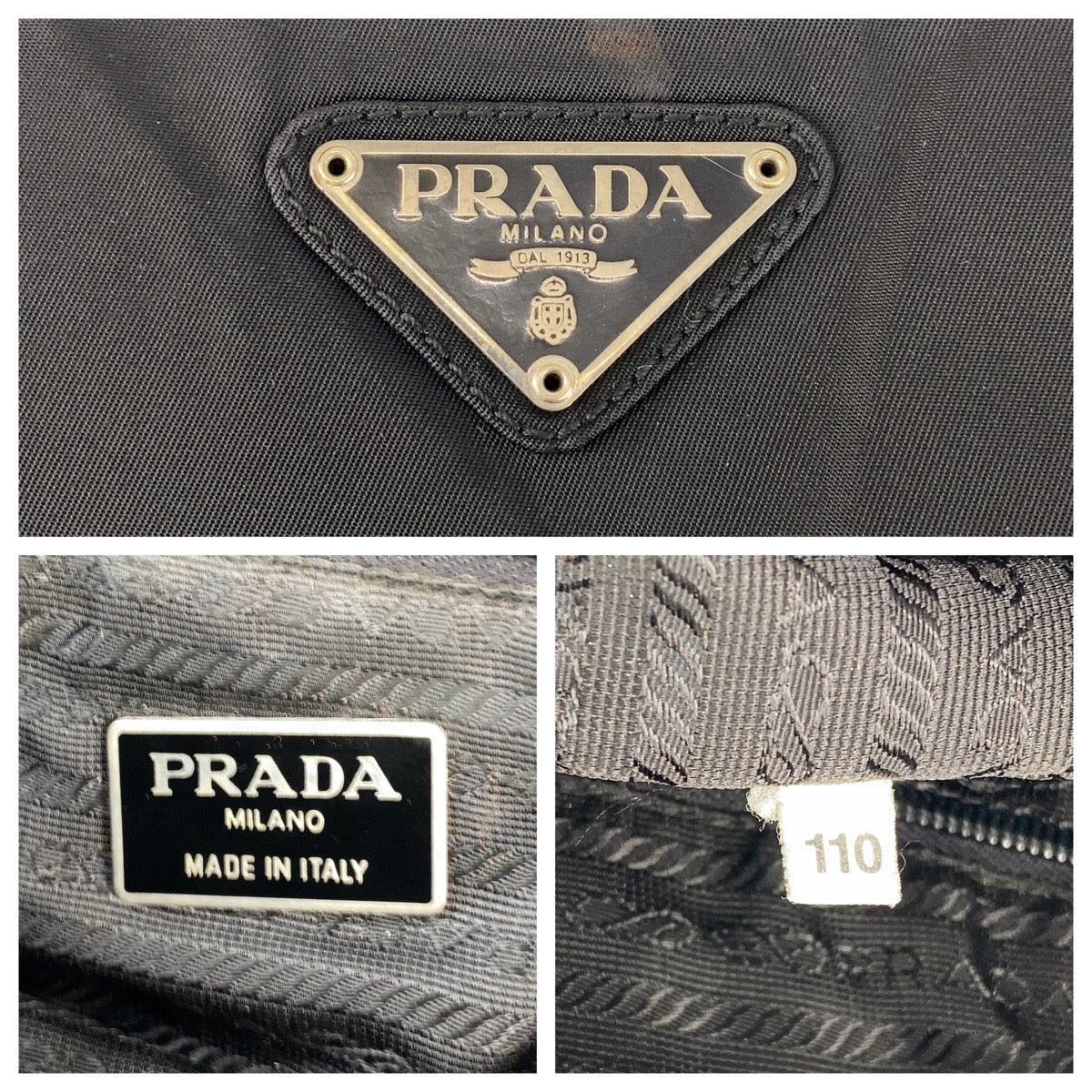 PRADA Tote Bag Nylon Black SilverMetal Tote Bag Shoulder Bag Test Triangle With logo Women Used Authentic