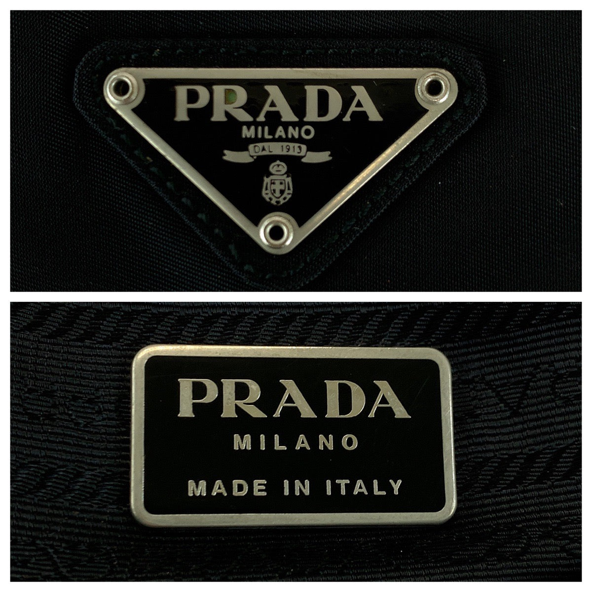 PRADA Tote Bag Nylon Black SilverMetal Tote Bag Shoulder Bag Test Triangle With logo Women Used Authentic