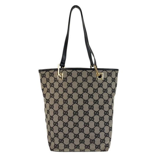 GUCCI Tote Bag 002 1099 GG canvas, leather Gray Black Gold Metal Tote Bag Shoulder Bag Women Used Authentic