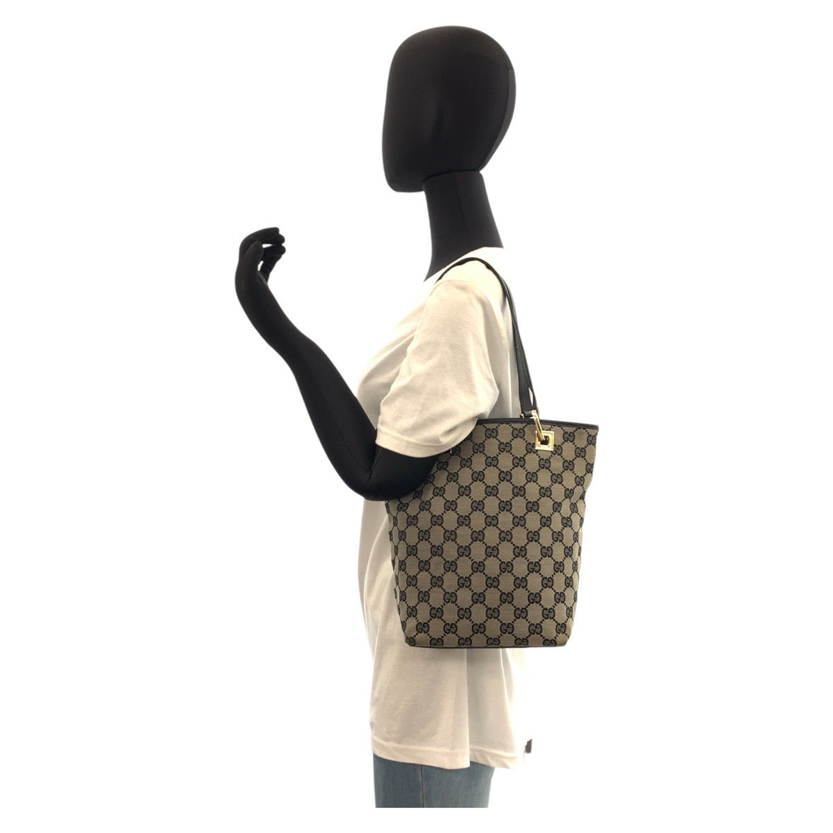 GUCCI Tote Bag 002 1099 GG canvas, leather Gray Black Gold Metal Tote Bag Shoulder Bag Women Used Authentic