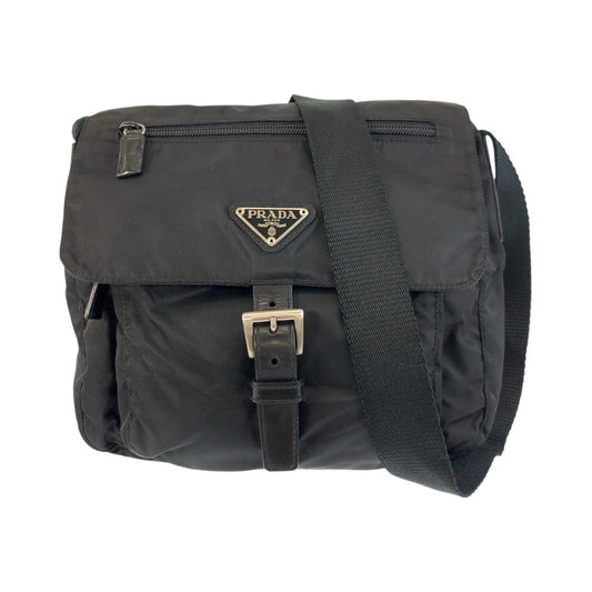 PRADA Shoulder Bag Nylon, Leather Black SilverMetal Shoulder Bag pochette Test Triangle With logo Women Used Authentic